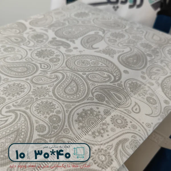 ساک دستی پارچه ای 30*40 سه طرف گاست 10 پارچه سفید طرح بته جقه طوسی روشن