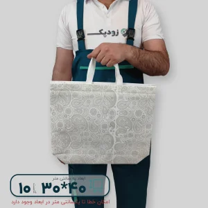 ساک دستی پارچه ای 30*40 سه طرف گاست 10 پارچه سفید طرح بته جقه طوسی روشن