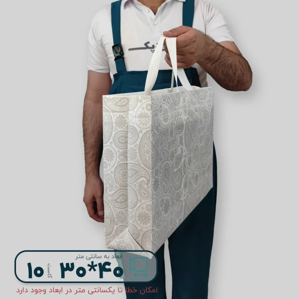 ساک دستی پارچه ای 30*40 سه طرف گاست 10 پارچه سفید طرح بته جقه طوسی روشن