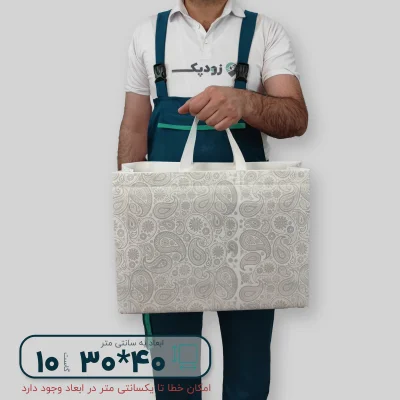 ساک دستی پارچه ای 30*40 سه طرف گاست 10 پارچه سفید طرح بته جقه طوسی روشن - تصویر 3