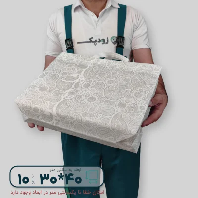 ساک دستی پارچه ای 30*40 سه طرف گاست 10 پارچه سفید طرح بته جقه طوسی روشن - تصویر 4